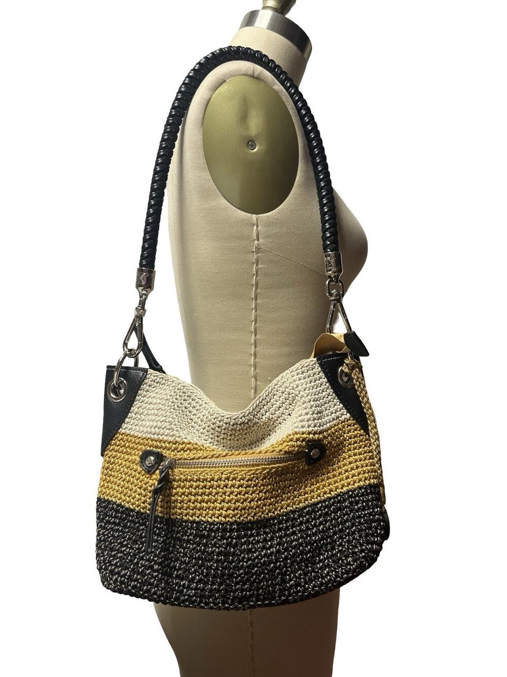 THE SAK Indio Black Mustard Crochet Stripe Shoulder Hobo Bag Boho Resort